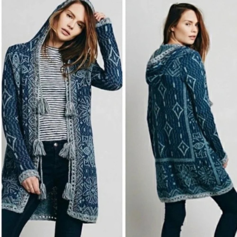 Free People Blue Koi Tassel Hoodie Cardigan